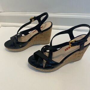 Prada Black Leather Wedge Sandals 36.5